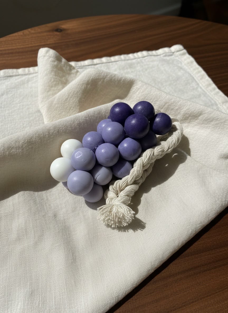 Handmade gradient soap on a cotton rope in violet and white tones.

